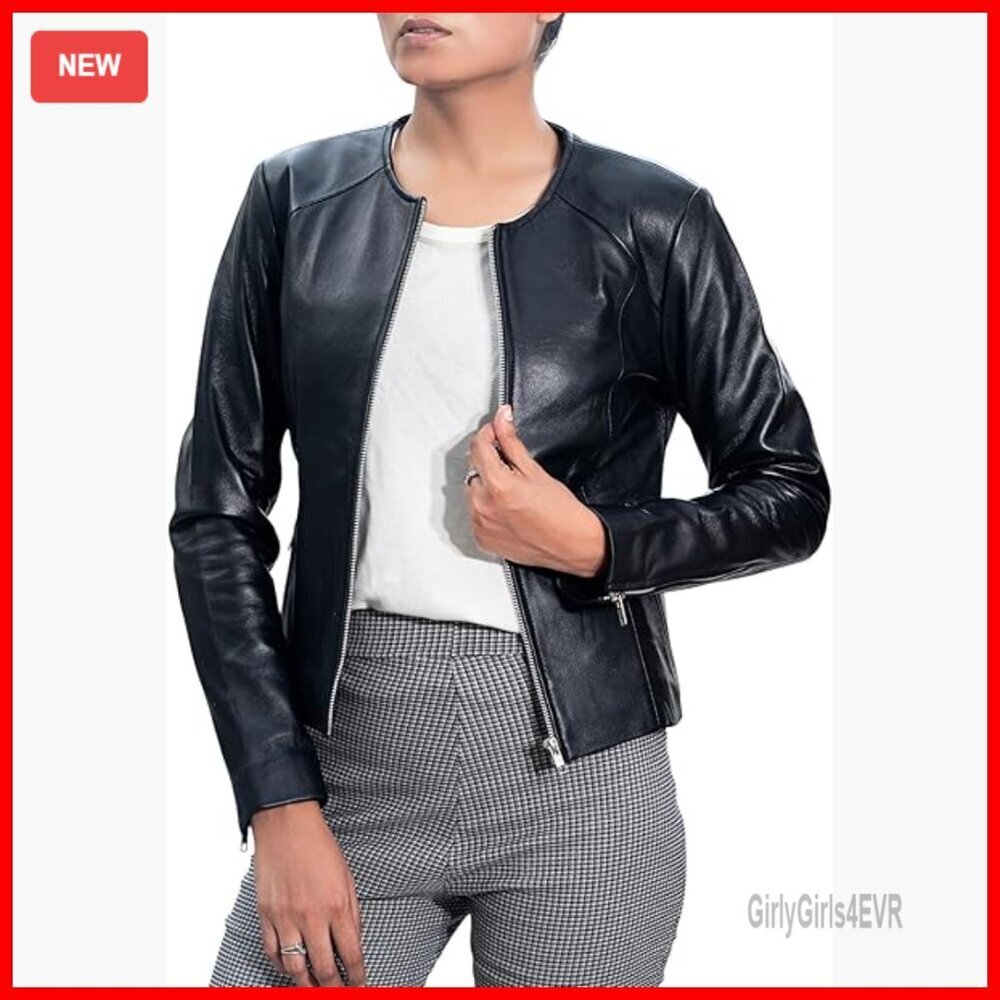 Slim Fit Lambskin Leather Jacket, Collarless Round Neck, Lightweight